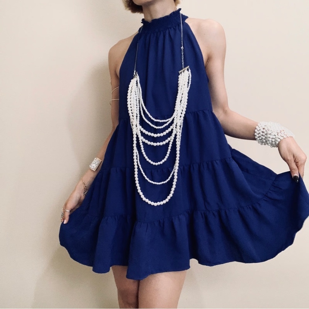 1. State Ruffle High Neck Tiered Dress, Royal Blue, Size Small, Cocktail Vintage